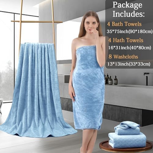 8-Piece Blue Bath Towels Set,2 Oversized Large Bath Towels Sheet,2 Hand Towels and 4 Washcloths - 600 GSM Soft Luxury Towel Set,Highly Absorbent Quick Dry Towel Collection for Bathroom,Hotel and Spa