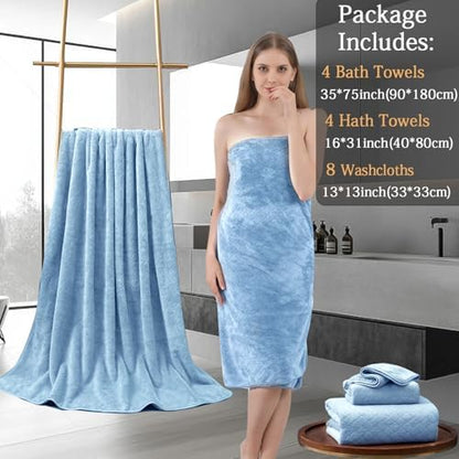 8-Piece Blue Bath Towels Set,2 Oversized Large Bath Towels Sheet,2 Hand Towels and 4 Washcloths - 600 GSM Soft Luxury Towel Set,Highly Absorbent Quick Dry Towel Collection for Bathroom,Hotel and Spa