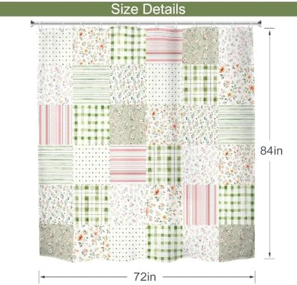 MESHELLY Extra Long Boho Floral Patchwork Shower Curtain 72Wx84H Vintage Checkered Sage Green Plaid Pink Striped Rustic Bathroom Curtain Farmhouse Bath Curtain Bathroom Accessories Decor with 12 Hooks