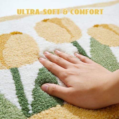 Wave-Shaped Tulip Bath Mat, Soft Non-Slip Fluffy Fresh Flowers Bathroom Rug, Ultra Absorbent Microfiber Shaggy Doormat, Machine Washable Floral Bath Rug for Bathroom Bedroom 20x32 Inch (Wave Yellow)