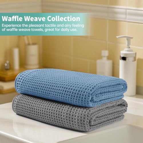 Microfiber Waffle Bath Towels, 4 Pieces, Soft, Absorbent, Fast Drying, Lint Free 430 GSM (27''x55''/68.58 cm x139.7 cm) (Gray+Blue)
