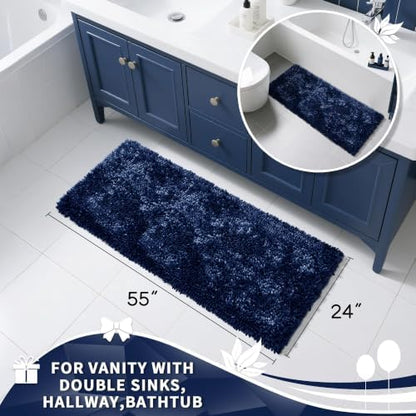 Yimobra Long Bathroom Rugs Runner 55x24 Inch, Extra Thick Soft Absorbent Chenille Bath Mat, Non Slip Machine Washable, Quick Dry Bath Rugs for Bathroom Floor, Tub and Shower, Navy Blue