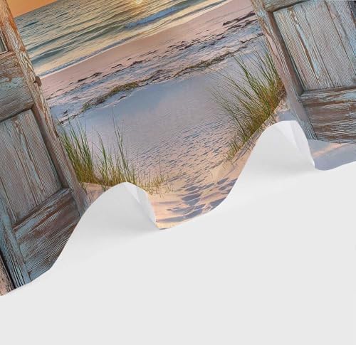 Beach Coastal Shower Curtain, Ocean Barn Door Nautical Sunrise Seaside Seascape Wave Decor Bath Curtains, Rustic Wood Teal Turquoise Bathroom Accessories Fabric Waterproof with Hooks, 47X64in