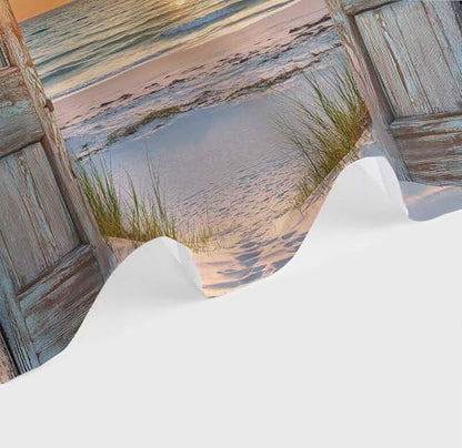 Beach Coastal Shower Curtain, Ocean Barn Door Nautical Sunrise Seaside Seascape Wave Decor Bath Curtains, Rustic Wood Teal Turquoise Bathroom Accessories Fabric Waterproof with Hooks, 47X64in