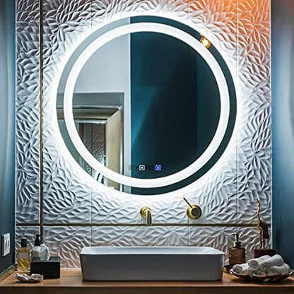 28 Inch Round LED Bathroom Mirror with 3 Color Modes, Touch Dimmer, Anti-Fog - Wall Mount Lighted Vanity Mirror for Makeup, Dressing Room - Fab Glass and Mirror
