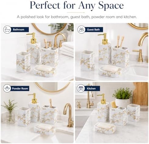 4 Piece Bathroom Accessories Set - White Bathroom Accessory Sets Includes Lotion Dispenser, Toothbrush Holder Tumbler, and Soap Dish - Glossy Finish (Marble, White)
