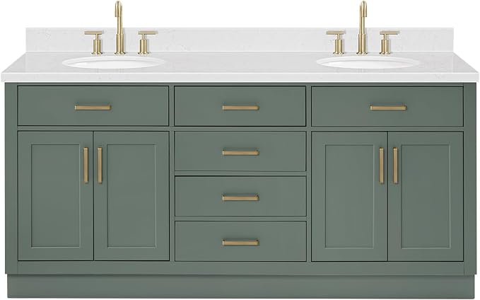 ARIEL Hepburn 72-inch Bathroom Vanity with Sink,Solid Wood, 1.5-inch Carrara White Quartz Countertop, Double Oval Porcelain Sink, 4 Soft Closing Doors, 6 Dovetail Drawers, Vintage Green