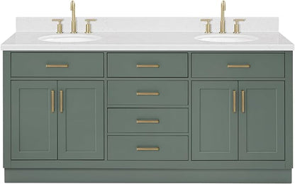 ARIEL Hepburn 72-inch Bathroom Vanity with Sink,Solid Wood, 1.5-inch Carrara White Quartz Countertop, Double Oval Porcelain Sink, 4 Soft Closing Doors, 6 Dovetail Drawers, Vintage Green