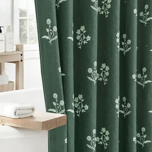 ORTIGIA Linen Shower Curtain Farmhouse Vintage Shower Curtains Set Boho Green Floral Cottagecore Rustic Block Print Decor for Bathroom 72 W x 72 L