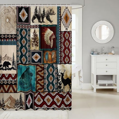 Rustic Cabin Shower Curtain Western Boho Bath Curtain Country Retro Aztec Southwest Native Bathroom Accessories Farmhouse Wildlife Camping Waterproof Polyester Fabric for Stalls Bathtubs 72"x72"