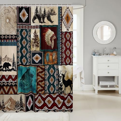 Rustic Cabin Shower Curtain Western Boho Bath Curtain Country Retro Aztec Southwest Native Bathroom Accessories Farmhouse Wildlife Camping Waterproof Polyester Fabric for Stalls Bathtubs 72"x84"