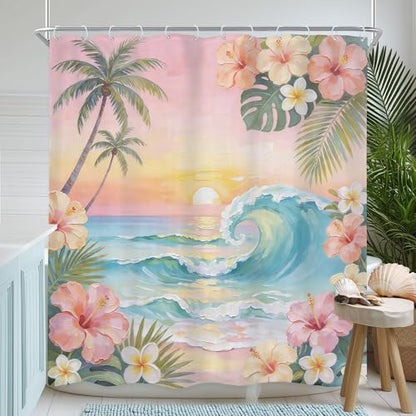 Ocean Coastal Pink Floral Palm Leaves Flower Bathroom Shower Curtain Set