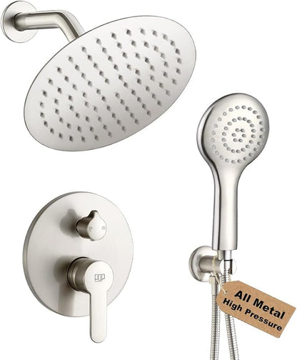 Shower Faucet Set Brushed Nickel 8 Inch Rain Shower Head and Handle Set Bathroom Rainfall Shower System Wall Mounted Shower Fixture Include Shower Valve and Trim Kit