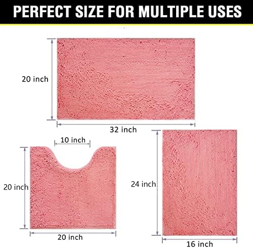 Bathroom Rugs Chenille 3-Piece Extra Soft and Absorbent Shag Bathroom Rugs, Machine Wash Mat, Strong PVC Non-Slip Underside, Plush Carpet Mats (Pink)