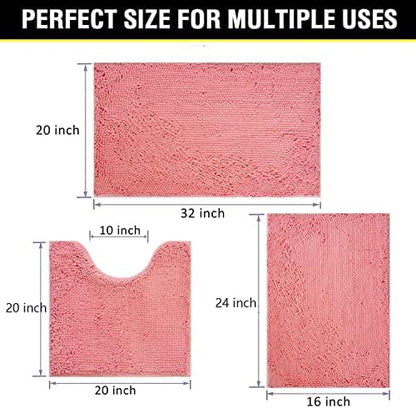Bathroom Rugs Chenille 3-Piece Extra Soft and Absorbent Shag Bathroom Rugs, Machine Wash Mat, Strong PVC Non-Slip Underside, Plush Carpet Mats (Pink)