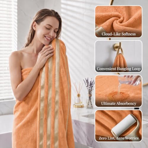 6-PCS Coral Fleece Microfiber Towel Set with Gold Stripes, Super Absorbent, Multiple Colors Available for Home, Bathroom, Hotel & Gym (6, Orange)