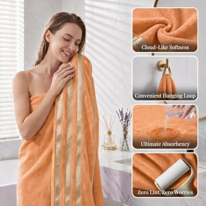 6-PCS Coral Fleece Microfiber Towel Set with Gold Stripes, Super Absorbent, Multiple Colors Available for Home, Bathroom, Hotel & Gym (6, Orange)