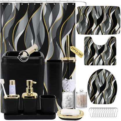 XLHOMO Bathroom Set - Black and Gold Bathroom Accessories, Bathroom Sets with Shower Curtain and Rugs, Black Shower Curtain Set with Bathroom Trash Can, Soap Dispenser, Soap Dish for Home Decor