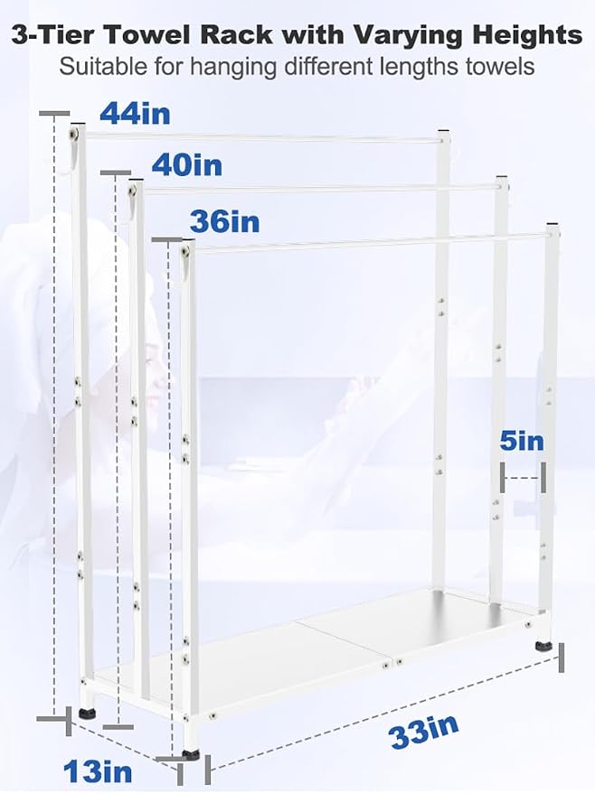 Extra Large Free Standing Towel Rack, White | 3 Tiers Heavy Duty Blanket Drying Stand Holder with Metal Storage Shelf & 6 Hooks for Bathroom, Pool, Bedroom, Living Room