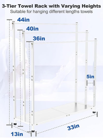 Extra Large Free Standing Towel Rack, White | 3 Tiers Heavy Duty Blanket Drying Stand Holder with Metal Storage Shelf & 6 Hooks for Bathroom, Pool, Bedroom, Living Room