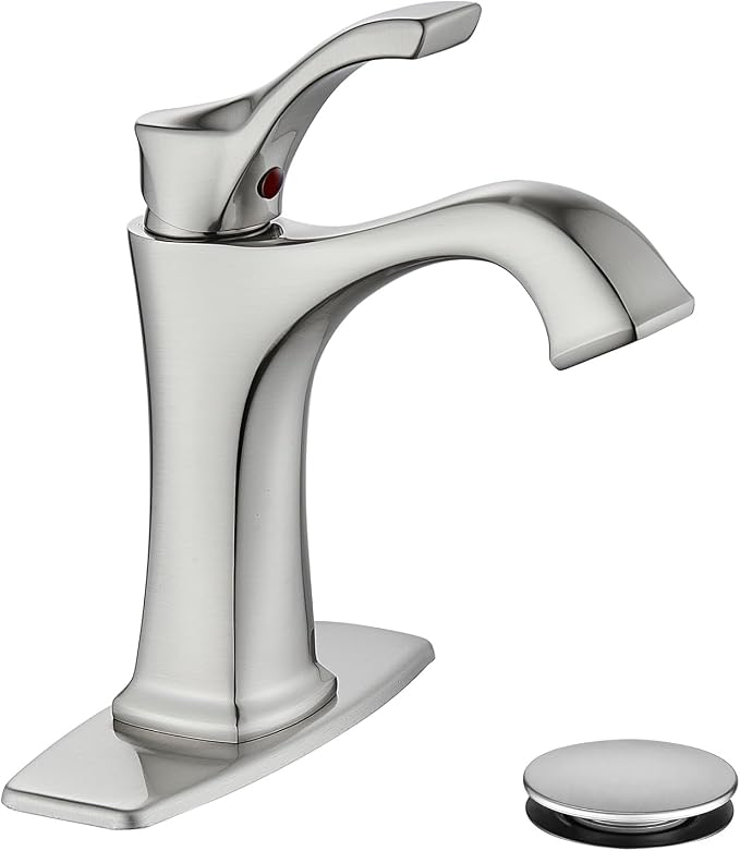 Brushed Nickel Bathroom Faucet, Sanliv Single Handle Centerset Bathroom Sink Faucet with Pop-Up Drain & Deck Plate for 1 or 3-Hole (4 inch) Installation, Modern Farmhouse Vanity Faucet Brushed Nickel