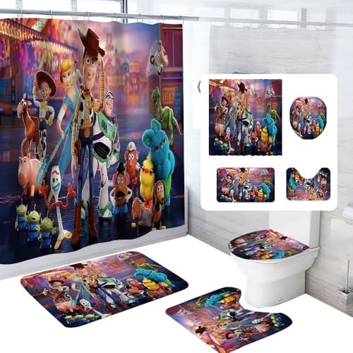 Cute Cartoon Shower Curtain Set 4 Piece with Non-Slip Rugs, Toilet Lid Cover and Bath Mat Cartoon Bathroom Decor 72 x 72inch (Toy)