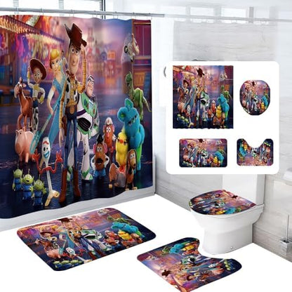 Cute Cartoon Shower Curtain Set 4 Piece with Non-Slip Rugs, Toilet Lid Cover and Bath Mat Cartoon Bathroom Decor 72 x 72inch (Toy)