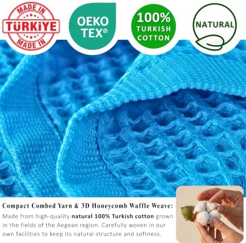 PÜSKÜL Natural 100% Turkish Cotton Waffle Towels Set of 4-Piece, Aqua Blue