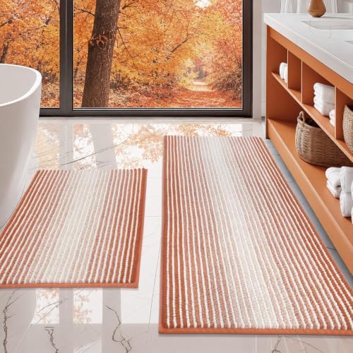 BSICPRO Bathroom Rugs Sets 2 Piece, Non Slip Striped Bath Mat, Light Orange