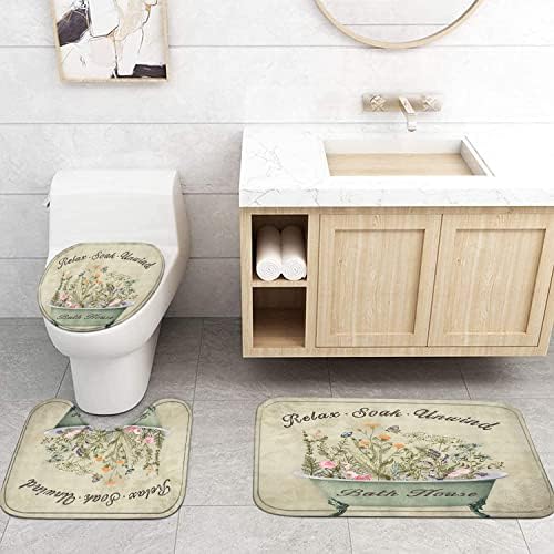 Nkzply 4 Pcs Green Floral Shower Curtain Set Vintage Flowers Leaves Bathroom Sets with Shower Curtain and Rugs Rustic Plant Farmhouse Bathroom Decor Country Bathtub Bathroom Rugs Toilet Lid Cover