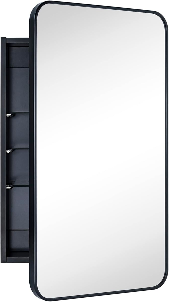 GRACTO 17.5x29'' Black Recessed and Surface Mount Bathroom Medicine Cabinet with Mirror Matt Black Metal Framed Rounded Rectangle Medicine Cabinet