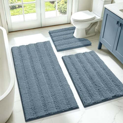 SmileYes Striped Haze Blue Bathroom Rug Set 3 Pieces Ultra Soft, Non Slip Chenille Bath Carpet, Absorbent Plush Shaggy Bath Mats for Bathroom, Bedroom, Stone Blue