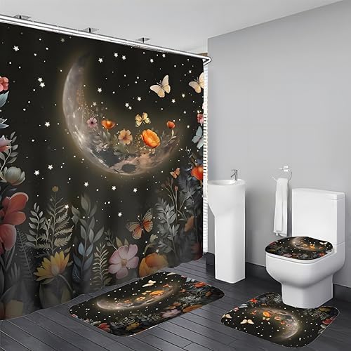 LQCOOL Shower Curtain Set 4 Pcs Black Moon Bathroom Sets with Shower Curtain and Rugs Bathroom Decor Set with 12 Hooks