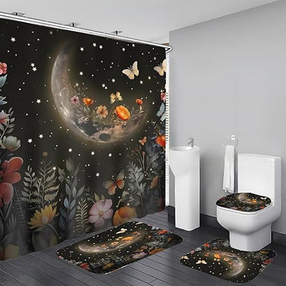 LQCOOL Shower Curtain Set 4 Pcs Black Moon Bathroom Sets with Shower Curtain and Rugs Bathroom Decor Set with 12 Hooks