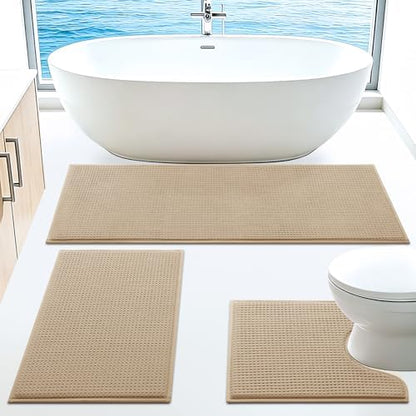 ACCUMTEK Memory Foam Bath Mat Set 3 Piece, Ultra Soft Absorbent Waffle Bathroom Rugs, Super Non-Slip PVC Backing Bath Rug Quick Dry, Machine Washable Rug for Tub, Shower, Home Decor Accessory, Beige