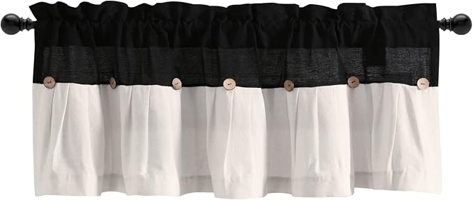 Lush Decor Linen Button Farmhouse Valance Curtians 52" W x 18" L Black & White - Linen Valances for Windows - Kitchen Curtains Valances (Pack of 12)