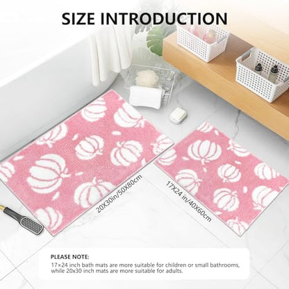 APROPHIC Fall Pumpkin Bath Mats for Bathroom, Thanksgving Super Absorbent Non-Slip Microfiber Shaggy Bath Rugs, Autumn Bathroom Mat for Shower, Tub, Sink, Decor, Machine Washable, 17x24 in, Pink