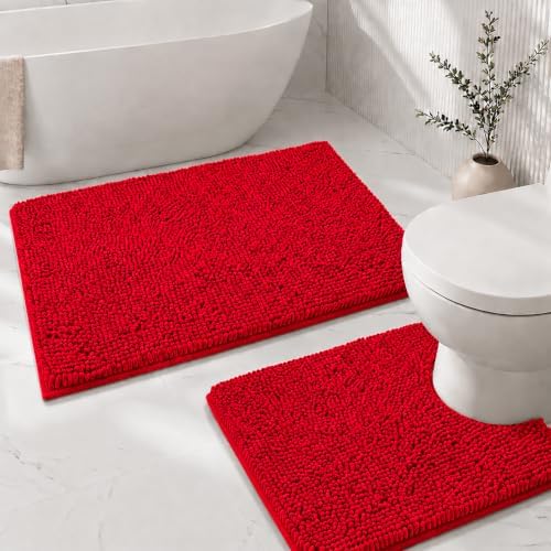 Bathroom Rugs Sets 2 Piece,Super Absorbent Soft,Thick,Machine Washable Chenille Bath Mat,Non Slip Toilet Floor Rug,Bath Mats for Bathroom,20x32 Plus 20x20 U Shape,Red