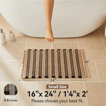 Triohero Waffle Bath Mat, Small Boho Bathroom Rugs, 16x24 Khaki & Black