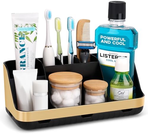 GFWARE Gold Toothbrush Holders for Bathrooms Countertop Organizer - Detachable 7 Slots Electric Toothbrush and Toothpaste Holder, Kids Organization and Storage, Restroom Accessories Vanity Stuff