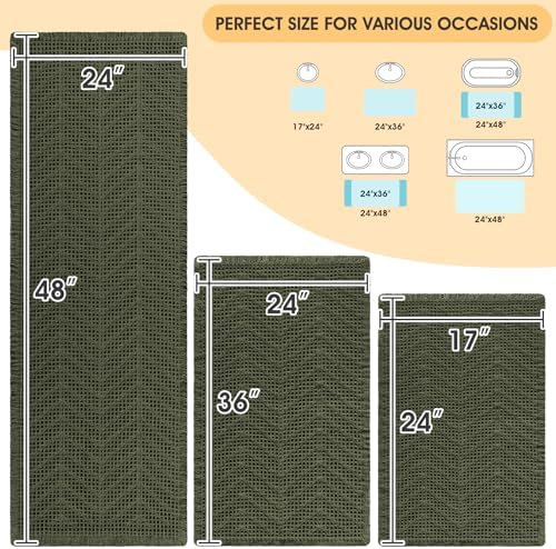 IM HOME Waffle Bath Mat Set 3 Piece, Boho Woven Modern Bath Rug Absorbent Non Slip, Soft Bathroom Mats, Machine Washable Knit Bath Rugs with Herringbones for Bathroom, Bedroom, Kitchen, Dark Green