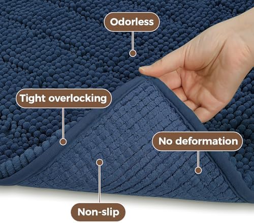 Bcoimo Bath Rug Mat Sets, 2 Piece High Absorbent Chenille Bathroom Mat Navy