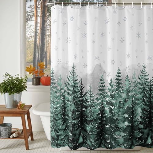 Shower Curtain Bathroom Set Christmas Tree Forest Gradient Green Waterproof Shower Curtains with Grommets Hooks Winter Snowflakes Gray Privacy Bath Curtain for Bathtub Decor 36x72in