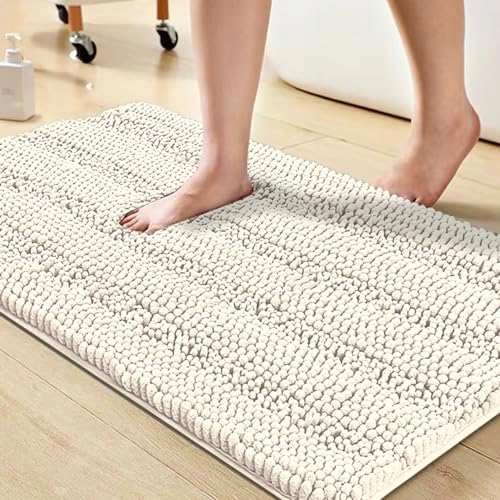 Turquoize Bathroom Rug 20"x32", Soft Absorbent Chenille Bath Rug, Cream