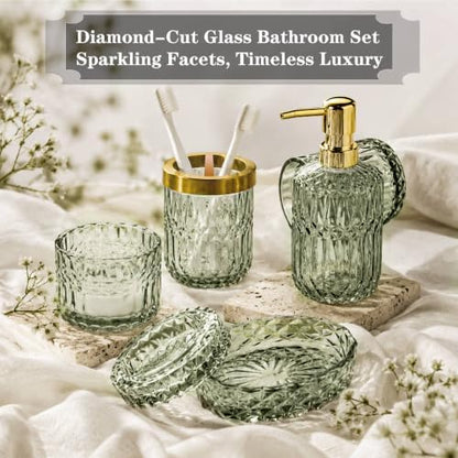 Green Bathroom Accessories Set, 5Pcs Clear Glass Green Accessories with Lotion Soap Dispenser, Soap Dish, Toothbrush Holder, Tumbler, Cotton Swab Jar, Modern Bathroom Decor Crystal Vintage Gift