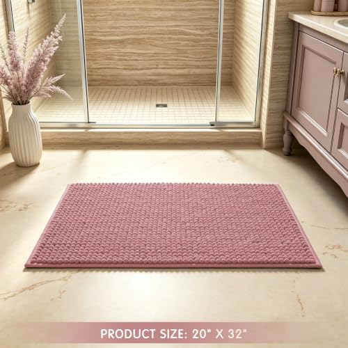 SUBRTEX Bathroom Rugs, 20" x 32" Chenille Bath Rug Soft Short Plush Bath Mat Soft Shower Mat Water Absorbent Shower Mat Quick Dry Machine Washable, Pink