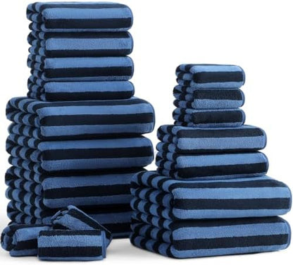18 Pcs Navy Black Cabana Stripe Bath Towel Set with Hanging Loop-6 Bath Towels,6 Hand Towels,6 Washcloths Soft Microfiber Family Towels Highly Absorbent Shower Towel for Bathroom Beach Spa Gym