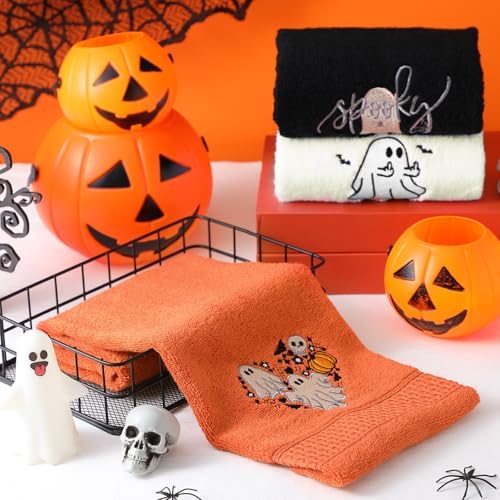 FuWeave 3 Pcs Black Orange Halloween Ghost Hand Towels for Bathroom