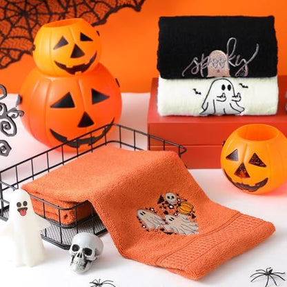 FuWeave 3 Pcs Black Orange Halloween Ghost Hand Towels for Bathroom