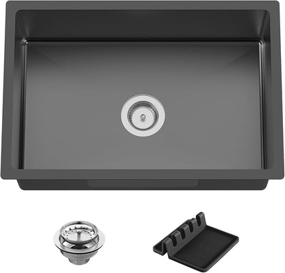 Black 27x18 Inch Stainless Steel Kitchen Sink - Undermount Modern Single Bowl Drop In Kitchen And Bar Sink With Silicon Mat,Drain Strainer Set Compatibility With Various Kitchen&Bar Style